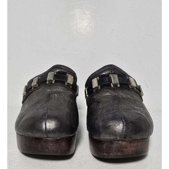 Calleen Cordero Distressed Leather Mule Clog Metallic Platform Wooden Heel SZ 8 - Picture 6 of 9